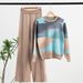 Women's Clothing Stylish Long Sleeve Knit Sweater & Wide-Leg Pants Set - Casual Loose Fit Two-Piece Outfit With Contrast Color Design Comfortable_ecoleips.com