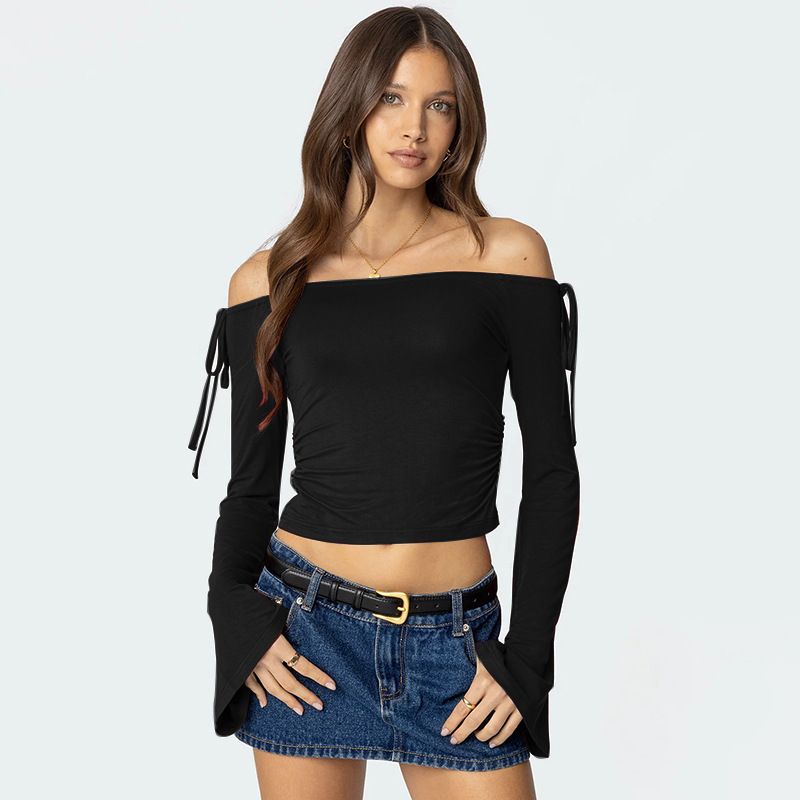 Sexy Off-Shoulder Cropped T-Shirt for Mature Women European American Style Street Style Solid Color Tie-Up Top_ecoleips.com
