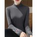 A Women's Long-Sleeved T-Shirt With Semi-High Collar And Soft Wool Lining, Featuring Traditional Chinese-Style Embroider_ecoleips.com
