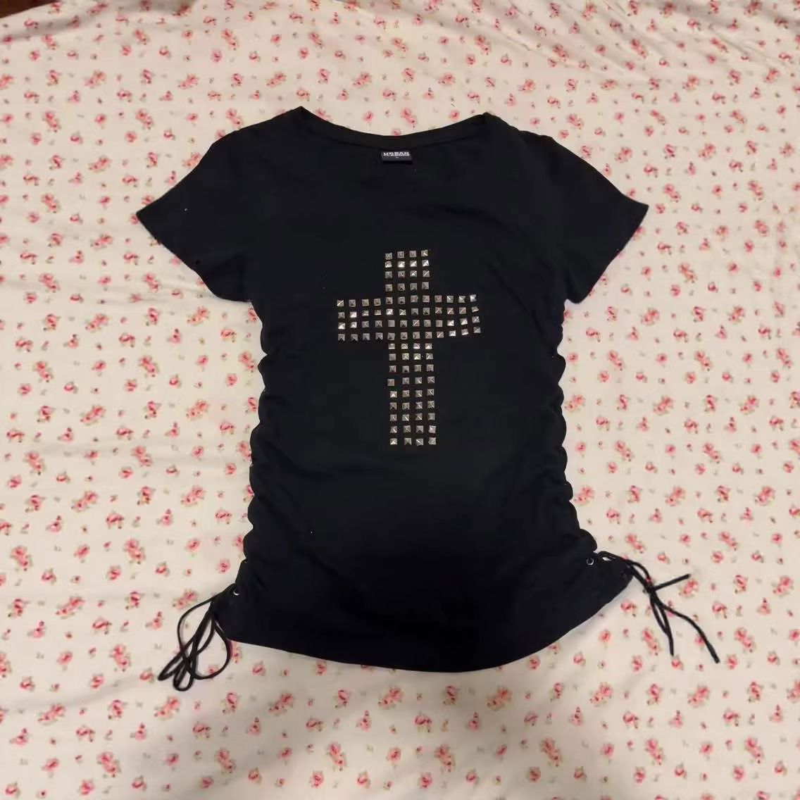 Women's Slim Fit T-Shirt Personalized Cross Rhinestone American Street Style Drawstring Top_ecoleips.com