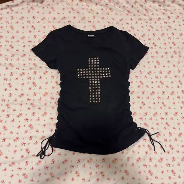 Women's Slim Fit T-Shirt Personalized Cross Rhinestone American Street Style Drawstring Top_ecoleips.com