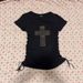 Women's Slim Fit T-Shirt Personalized Cross Rhinestone American Street Style Drawstring Top_ecoleips.com