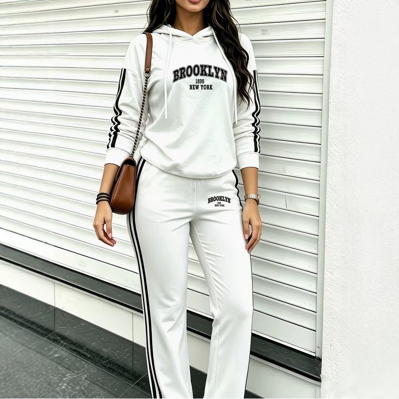 Women's Spring Autumn Loose Fitting Hooded Sweatshirt And Drawstring Pants Casual Simple Two-Piece Set Letter Print 2043_ecoleips.com