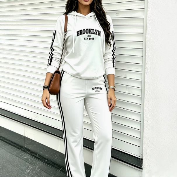 Women's Spring Autumn Loose Fitting Hooded Sweatshirt And Drawstring Pants Casual Simple Two-Piece Set Letter Print 2043_ecoleips.com