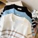 Korean Style Striped V Neck Short Sleeved T Shirt Ice Silk Knit Top for Women New 2026 Summer Real Photos_ecoleips.com