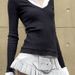 Women's Slim Fit Long Sleeve Polo Collar T-Shirt American Style Preppy Faux Two Piece Flattering Top for Spring Layering_ecoleips.com