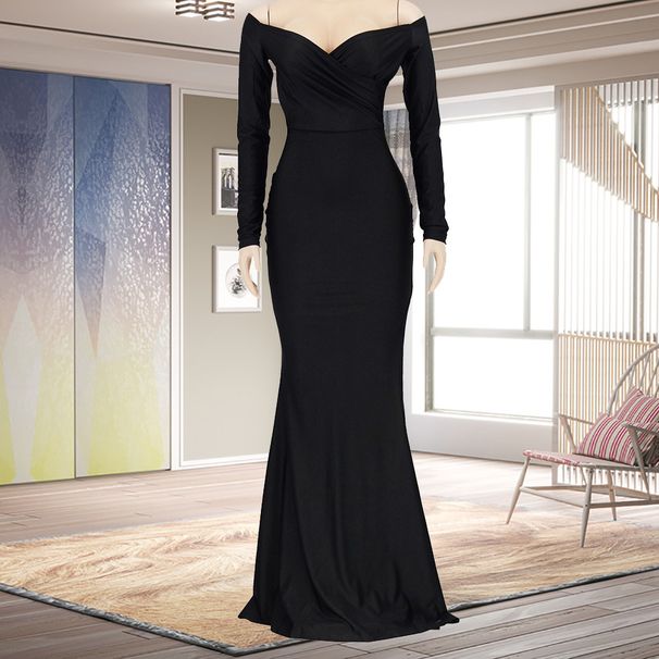 Women's Elegant Evening Gown Long Sleeve Solid Color V‑Neck With High Slit For Nightclub Autumn Winter Wear_ecoleips.com