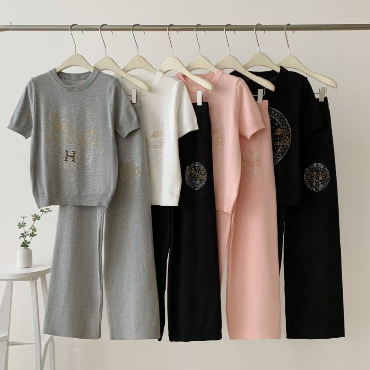 Women's Two Piece Set Casual Knitted Summer Thin Rhinestone Short Sleeved Top And Wide Leg Pants Versatile_ecoleips.com