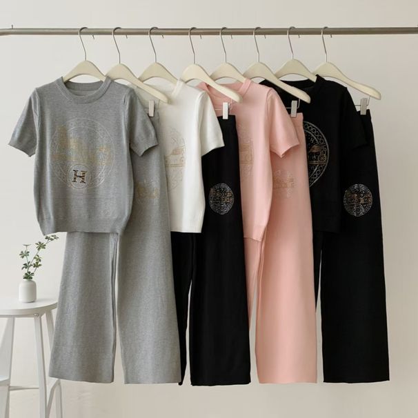 Women's Two Piece Set Casual Knitted Summer Thin Rhinestone Short Sleeved Top And Wide Leg Pants Versatile_ecoleips.com