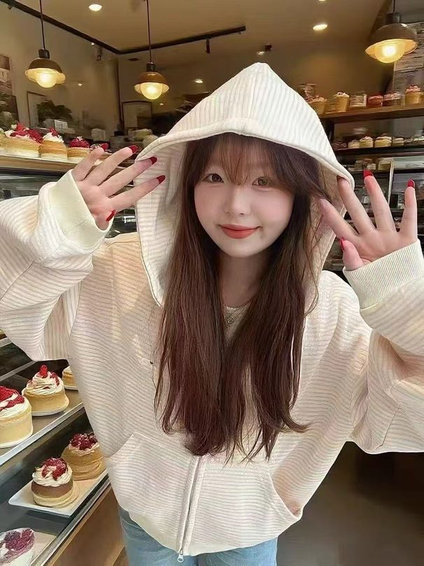 Korean-style Gentle Sweet Striped Hooded Cardigan Sweatshirt For Women, Spring Autumn, Simple And Sophisticated, Loose,_ecoleips.com
