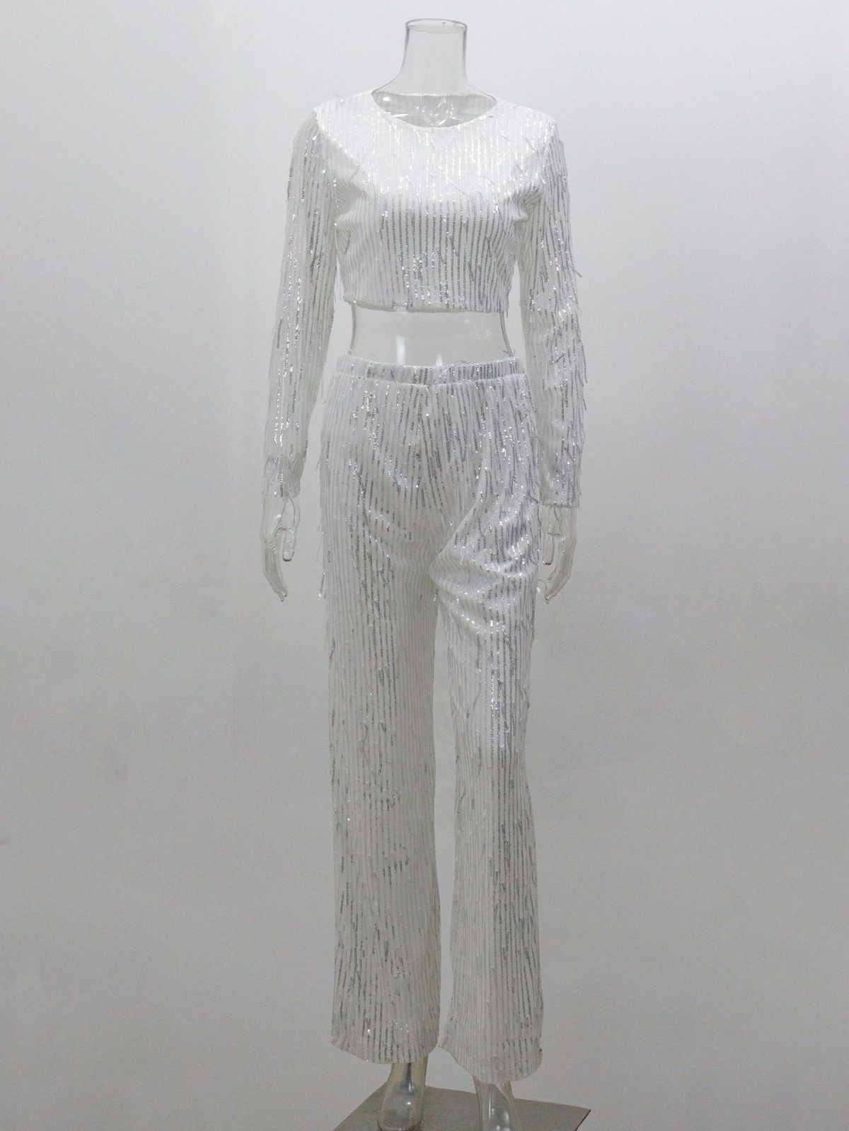 Women's Clothing Sequined Tassel Wide Leg Pants Party Dress Suit_ecoleips.com