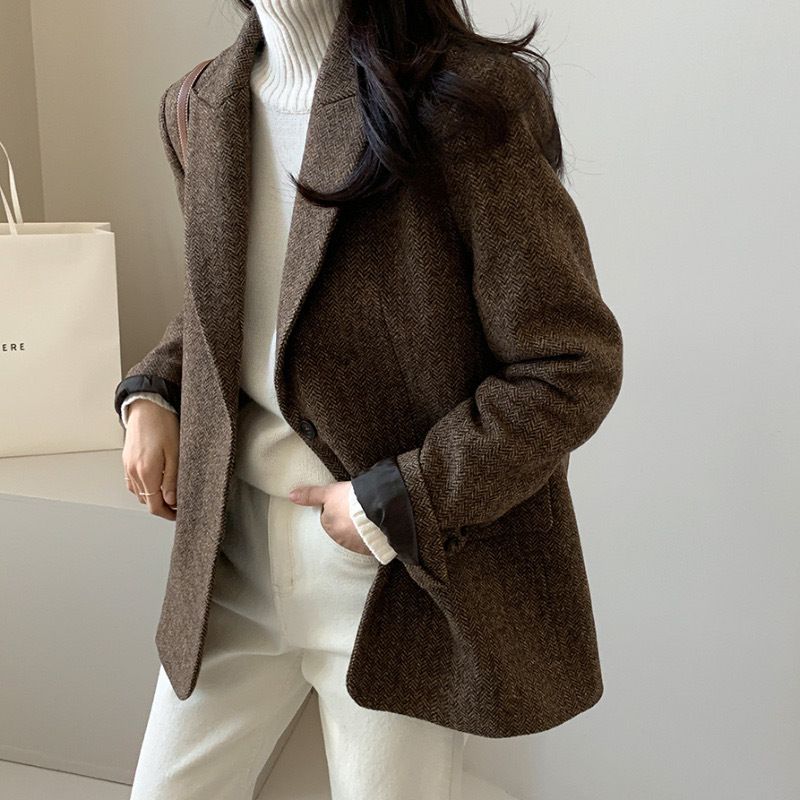 Chic Korean Autumn Retro Notched Lapel Two-Button Loose-Fit Herringbone Blazer For Women_ecoleips.com