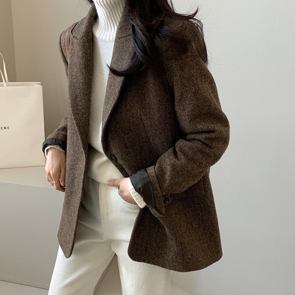 Chic Korean Autumn Retro Notched Lapel Two-Button Loose-Fit Herringbone Blazer For Women_ecoleips.com