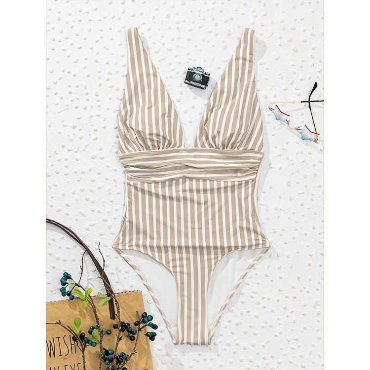 Women's One-Piece Swimsuit With Striped Design - Soft Polyester Fabric, Comfortable Fit, Beach & Pool Swimwear For Summer_ecoleips.com