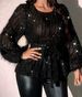 Women Plus Size Elegant Cutout Fabric Round Neck Puff Sleeve Tie Waist Romantic Date Party Fashion Blouse,valentine_ecoleips.com