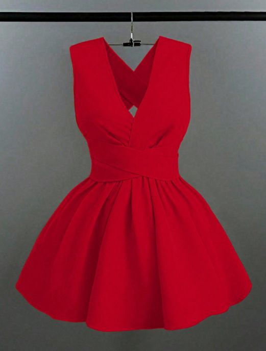 Curvy Women Solid Cross Tie Deep V Sleeveless A-Line Mini Dress, Chic Spring Summer Beach Party Vacation Gown_ecoleips.com