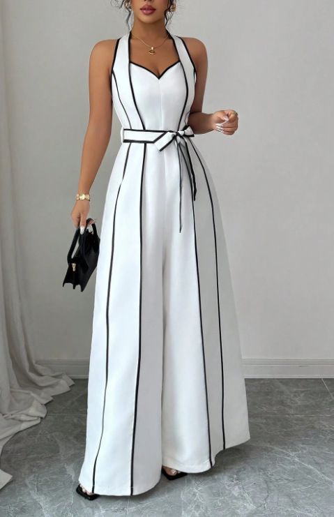 Women's Striped Sleeveless V Neck Jumpsuit Black And White Color Block Wide Leg Relaxed Everyday Wear Comfortable Feshion_ecoleips.com
