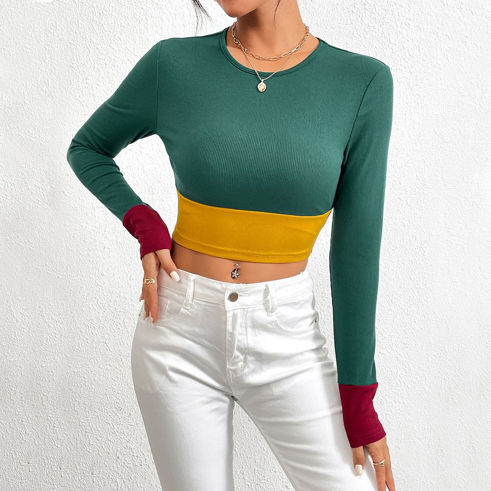 Voya Women's 2026 Autumn/winter New Slim Fit Round Neck Short Style Spliced Color Blocking Long Sleeved T-shirt Fashionable Top_ecoleips.com