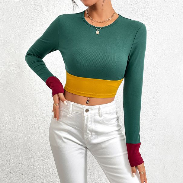 Voya Women's 2026 Autumn/winter New Slim Fit Round Neck Short Style Spliced Color Blocking Long Sleeved T-shirt Fashionable Top_ecoleips.com