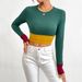 Voya Women's 2026 Autumn/winter New Slim Fit Round Neck Short Style Spliced Color Blocking Long Sleeved T-shirt Fashionable Top_ecoleips.com
