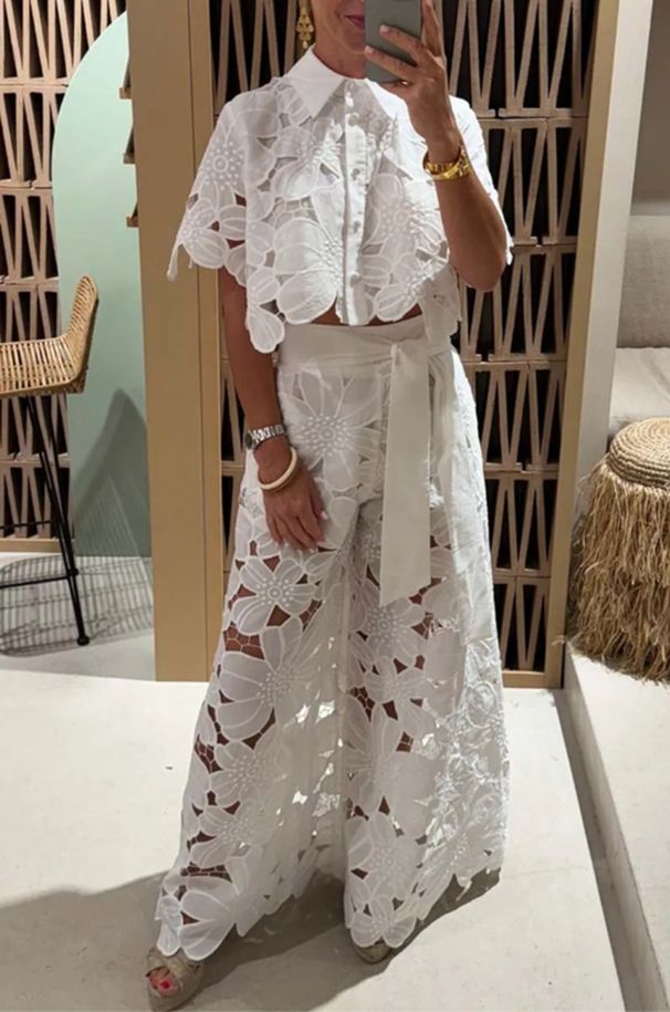 Women's Clothing Pure Color Sexy Hollow Cardigan Tops Wide Leg Pants Two Piece Set_ecoleips.com
