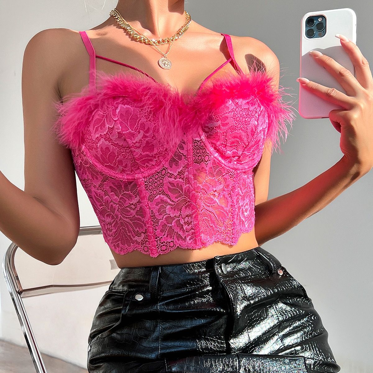European And American Cross-Border Independent Station Sexy French Lace Fishbone Light Feather Tassel Pure Desire_ecoleips.com