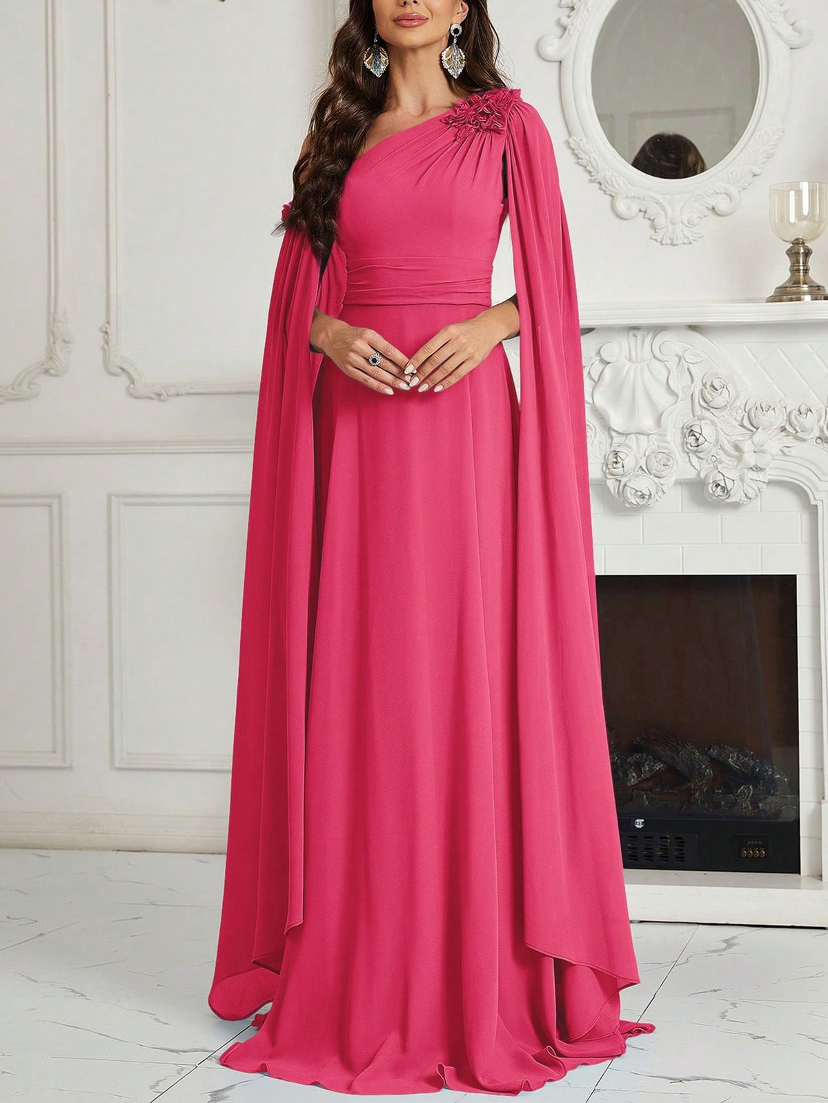 Elegant Off-Shoulder Evening Gown High-Waist Batwing Sleeve Maxi Dress In Vibrant Fuchsia For Red Carpet Galas Weddings (Stretch Poly-Spandex Blend)_ecoleips.com