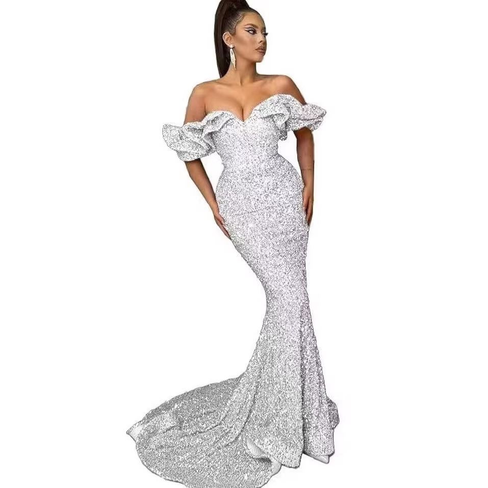 Women's Clothing Fashionable Women's Off-Shoulder Sequined Evening Dress Sexy Banquet Gown For Formal & Casual For Women_ecoleips.com
