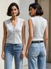 Elegant Knit Sleeveless Vest, Women's V-Neck Ribbed Button-Up Casual Top_ecoleips.com