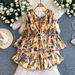 Floral Print Sweetheart Dress for Women with Bow Tie round Neck Flutter Sleeves Waist Tie Ruffled Hem Versatile Design_ecoleips.com