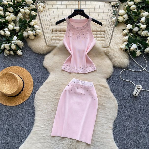 Women's Rhinestone Halter Neck Vest And Bodycon Skirt Two Piece Set Slim Fit Summer Sexy Temperament Cross Border Knit Suit_ecoleips.com