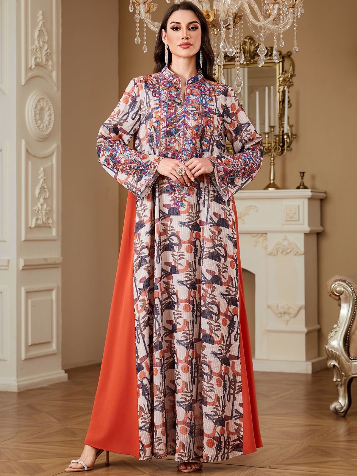 Women's Ethnic Style Long Robe Embroidered Dress Elegant Printed Jalabia Gown with Long Sleeves for Evening Wear_ecoleips.com