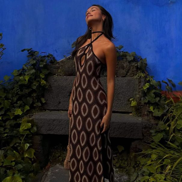 2025 Hollow Out Slit Halter Neck Backless Bohemian Beach Dress Long Evening Gown For Women_ecoleips.com