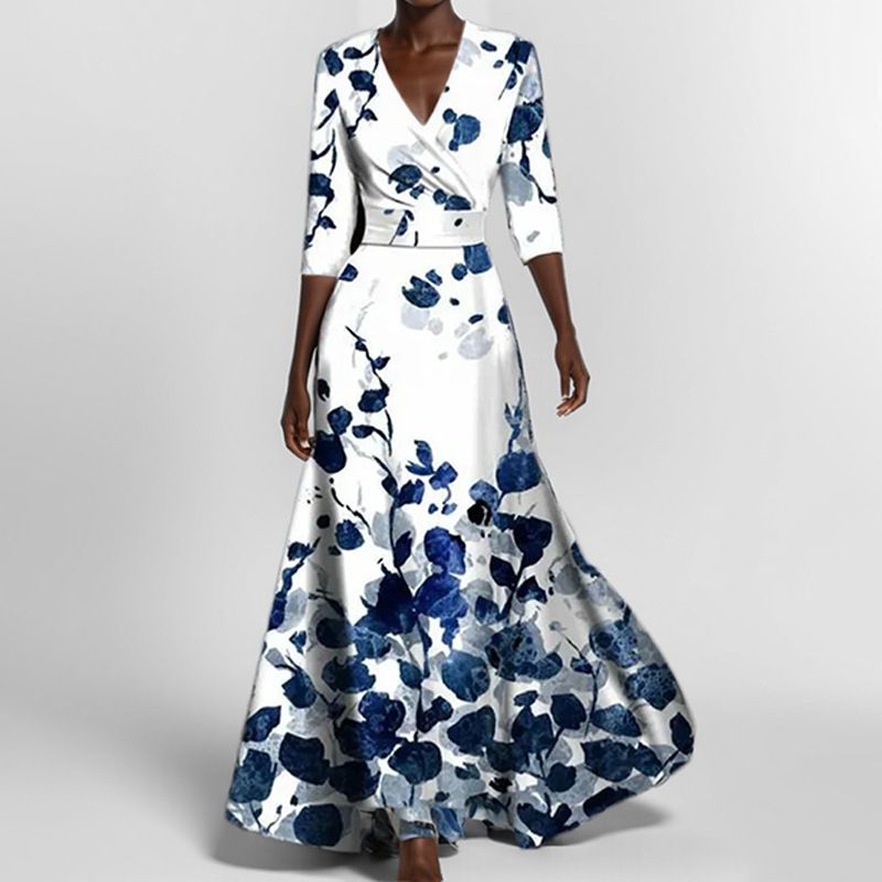 Women's Elegant Temperament V-Neck Printed Pleated Large Skirt Long Dress Fashion Style New_ecoleips.com