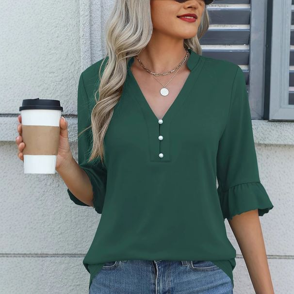 Summer Solid Color V-Neck Mid-Sleeve Knit Top Women's Stylish T-Shirt_ecoleips.com