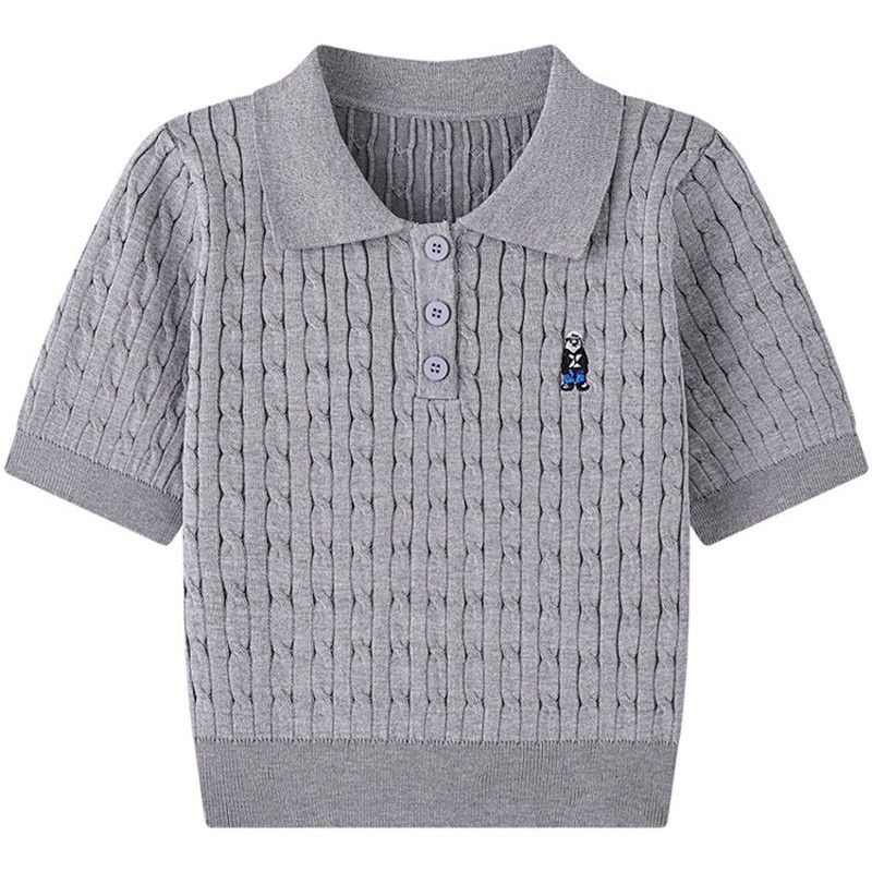 Women's Summer New Slim Fit Short Knit Top With Embroidered Bear Cable Knit Collar Sweater Versatile Top_ecoleips.com