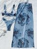 European American Style Women's Three Piece Swimsuit Peony Print Bikini Swimwear_ecoleips.com