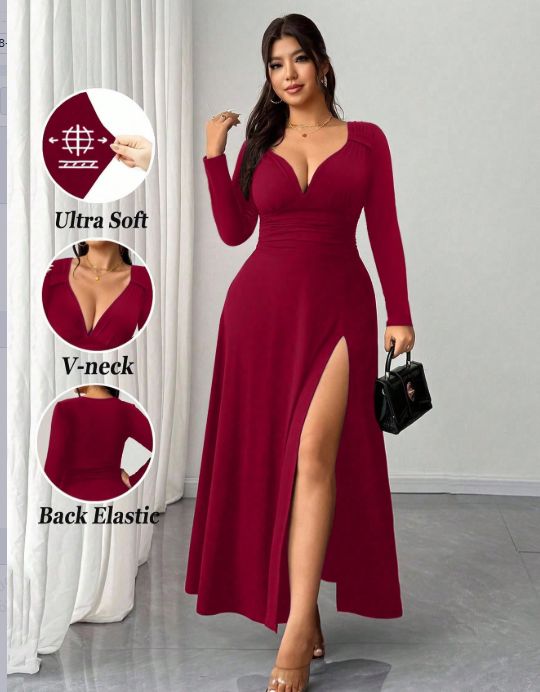 2025 New Curvy Solid Long Sleeve Bodycon Dress, Elegant V Neck High Stretch Thigh Slit Dress, Versatile Party Evening Outfit_ecoleips.com