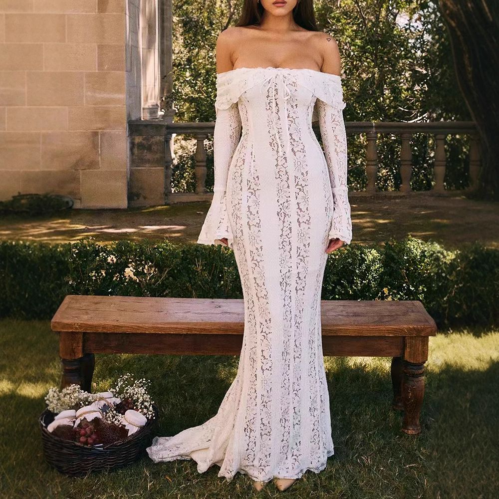 Women's Off-the-Shoulder Lace Dress Ethereal Bell Sleeve Fitted Waist Strapless Fishtail Alluring Sexy Spring_ecoleips.com