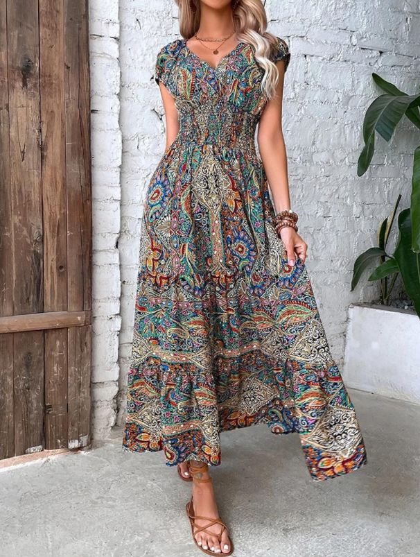 European And American Women's Clothing, Bohemian Style 2026 New V-neck Long Dress, Waist-cinching Floral_ecoleips.com