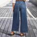 Women's Retro Wide Leg Casual Jeans mid Rise Stretch Distressed Hem Slanted Pockets Cropped Length European American Style_ecoleips.com