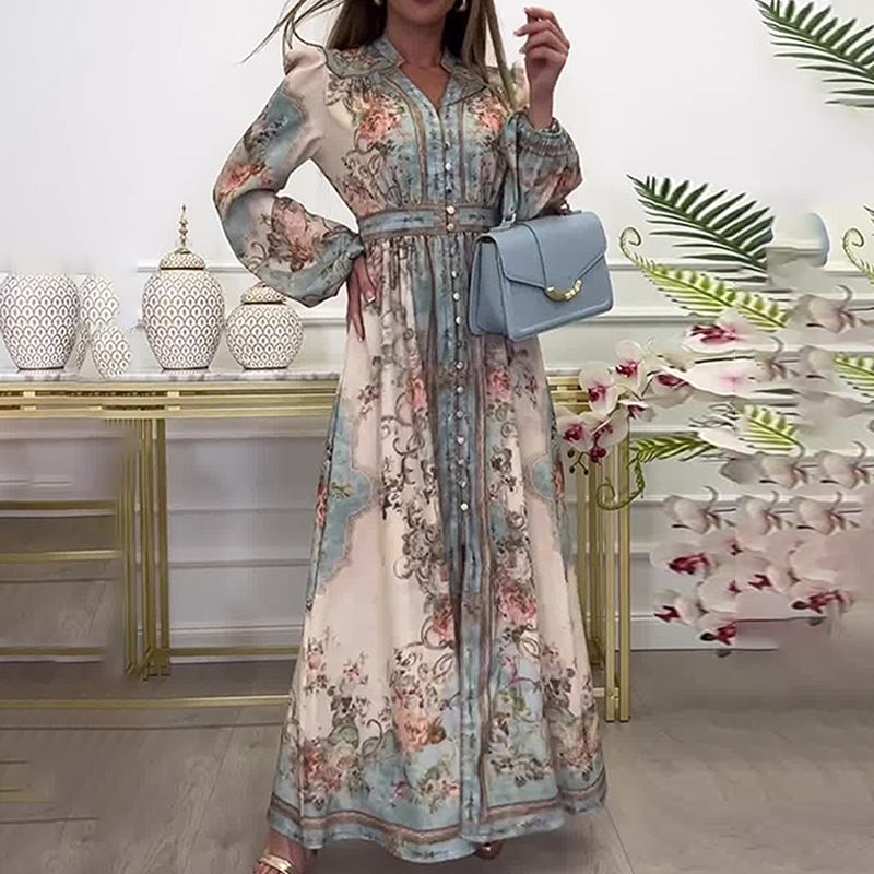 Women's Clothing New Temperament V Neck Long Sleeved Printed Retro Palace Style Swing Spring Dress_ecoleips.com