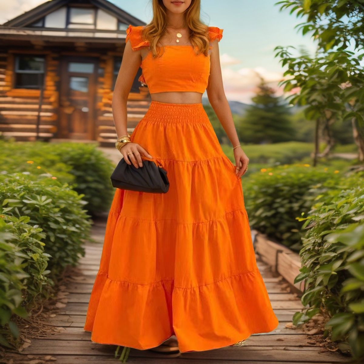 Women's Clothing Temperament Sexy Solid Color Mid Waist Sling Big Swing Two Piece Suit Dress_ecoleips.com