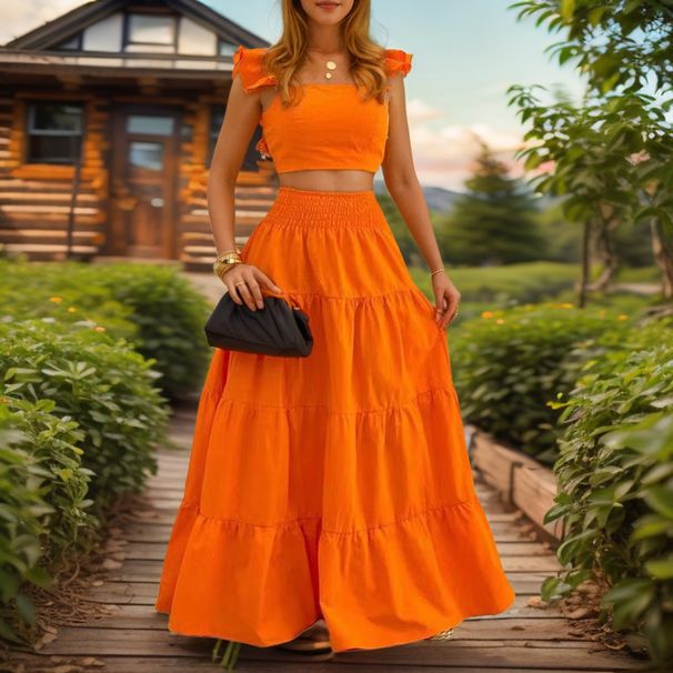 Women's Clothing Temperament Sexy Solid Color Mid Waist Sling Big Swing Two Piece Suit Dress_ecoleips.com