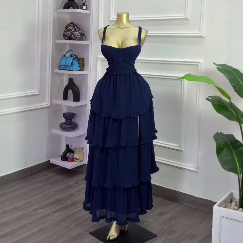 Women's High-Waisted Blue Slit Dress Summer Style Elegant Ruffled Trim Casual American Fashion Thin Lanon_ecoleips.com