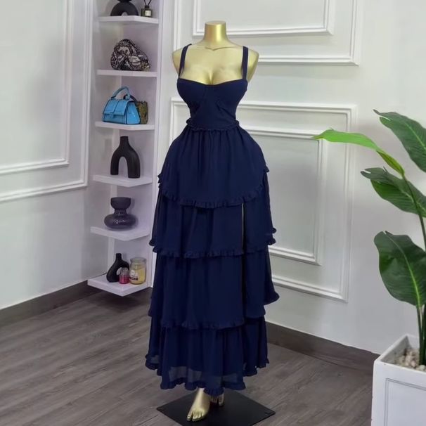 Women's High-Waisted Blue Slit Dress Summer Style Elegant Ruffled Trim Casual American Fashion Thin Lanon_ecoleips.com