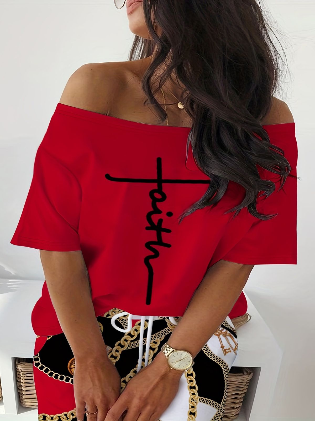 Women's Plus Size Casual Fashion Two Piece Set Letter Print Off-Shoulder Top With Skirt England Style Spring/Autumn Polyester_ecoleips.com