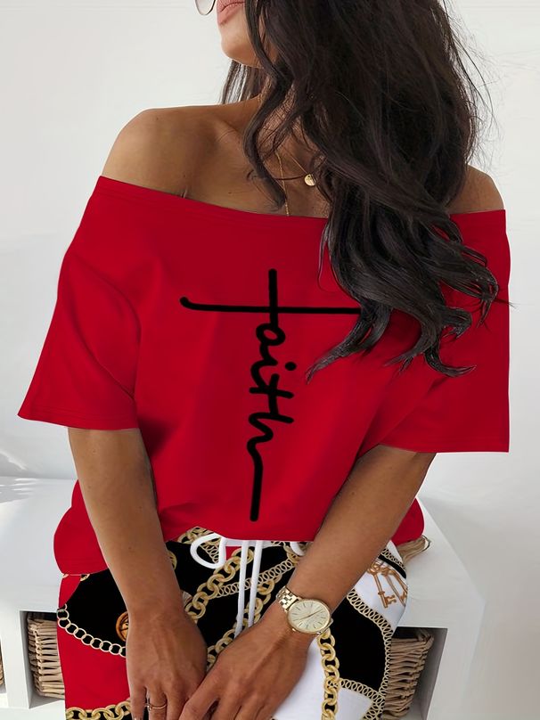 Women's Plus Size Casual Fashion Two Piece Set Letter Print Off-Shoulder Top With Skirt England Style Spring/Autumn Polyester_ecoleips.com