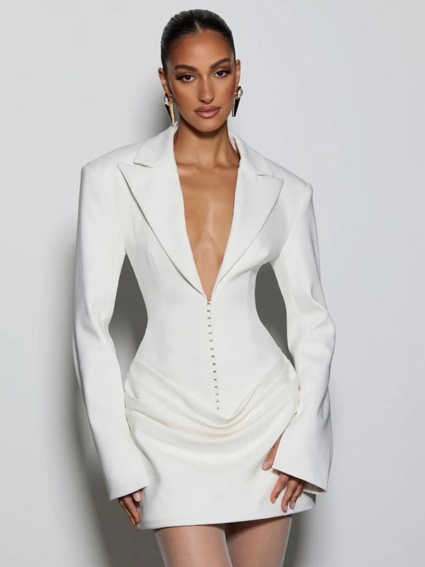 New Autumn/winter Style European And American Women's Clothing, Solid Color, Sexy Deep V Neck, Pleated Waist, Slimming And Elegant Suit Dress._ecoleips.com