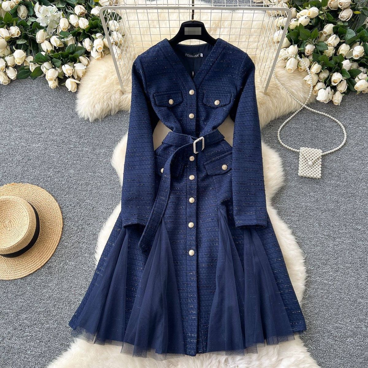 Retro-Style V-Neck Dress – Elegant A-Line Midi Dress With Waist-Defining Metal Buttons & Sheer Mesh Panels – Vintage-Inspired Office-To-Cocktail Dress_ecoleips.com
